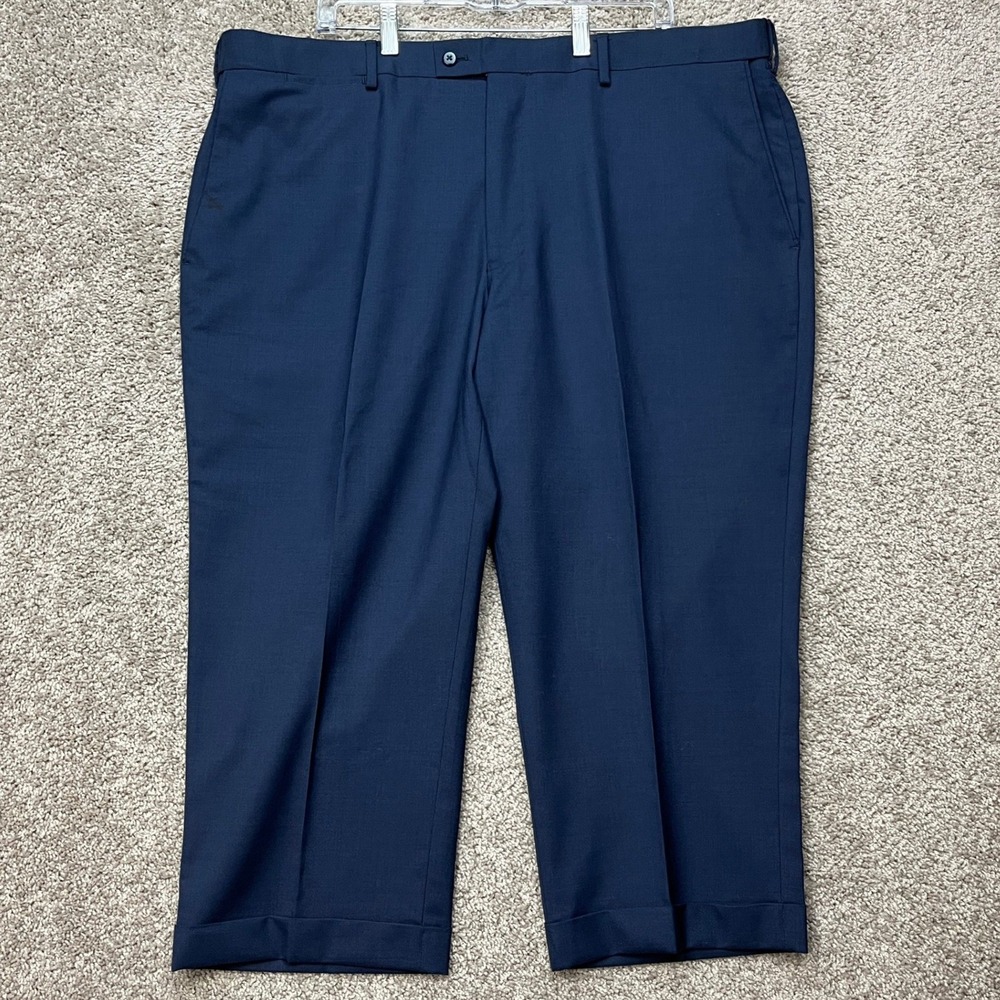 Louis Raphael Luxe Dress Pants Mens 42x30 Blue Flat Front Cuffed Merino Wool